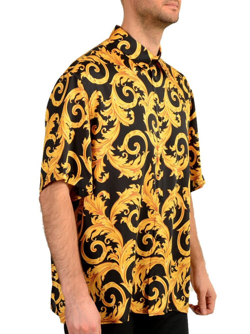 Versace Men's Signature Print Black & Gold Short Sleeve Shirt US L IT 52 - Picture 2 of 5
